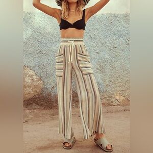 Free People Jones Beach Striped Wide Leg Pants in Blue, Brown, Cream - Size SP